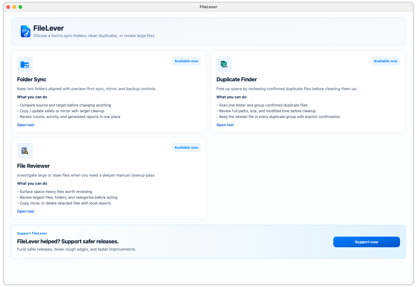 FileLever desktop app showing source and target folder selection beside a sync preview with file status changes