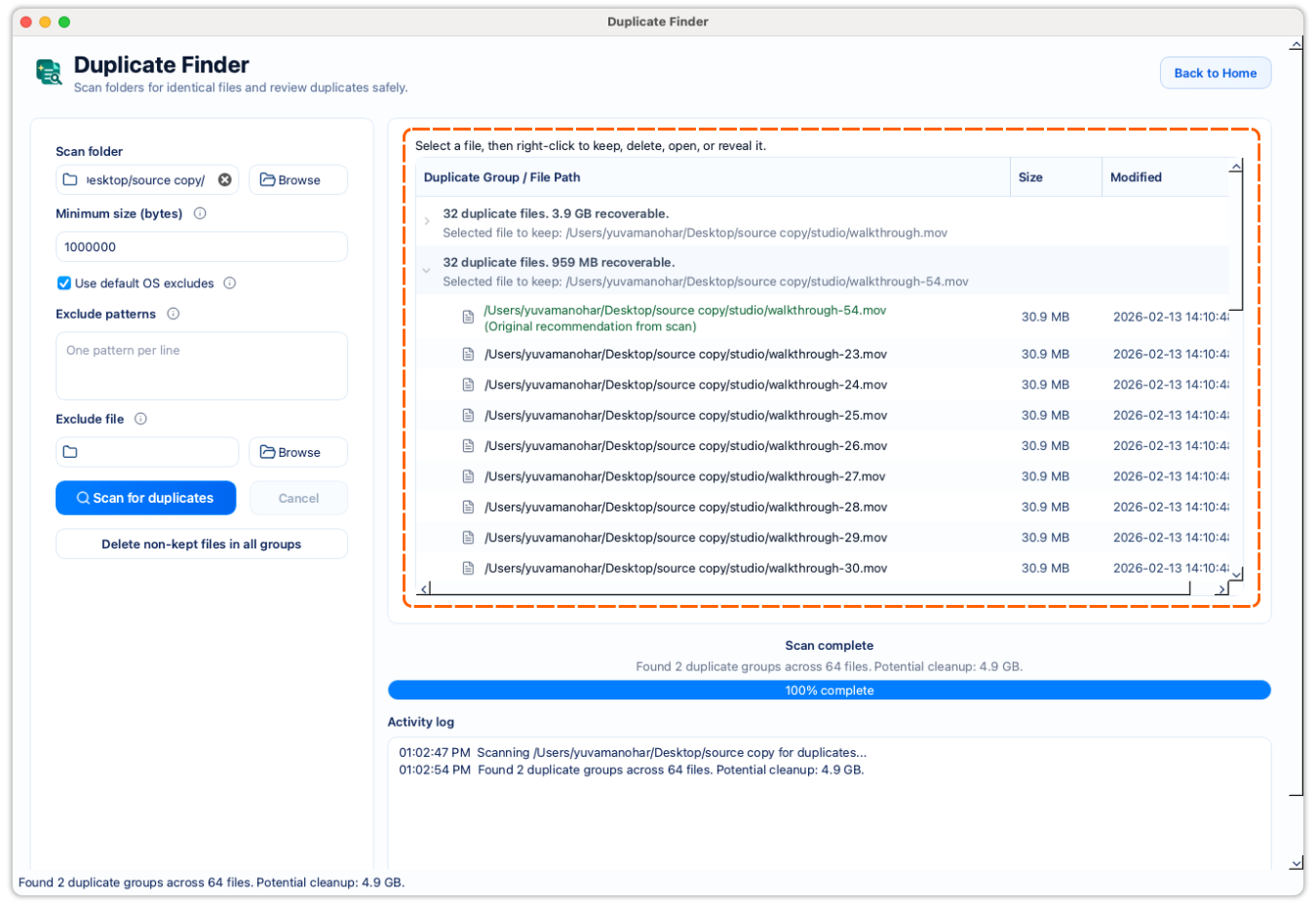 FileLever Duplicate File Finder showing an exact duplicate group ready for review