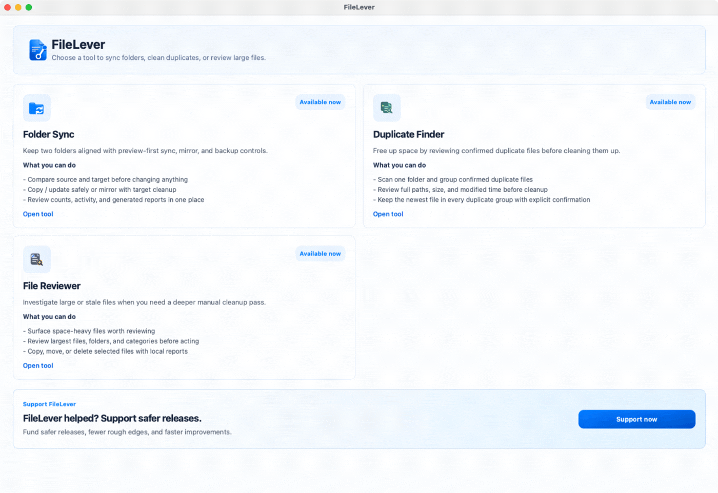 FileLever folder sync screenshot showing source and target folders with a reviewed list of pending file changes