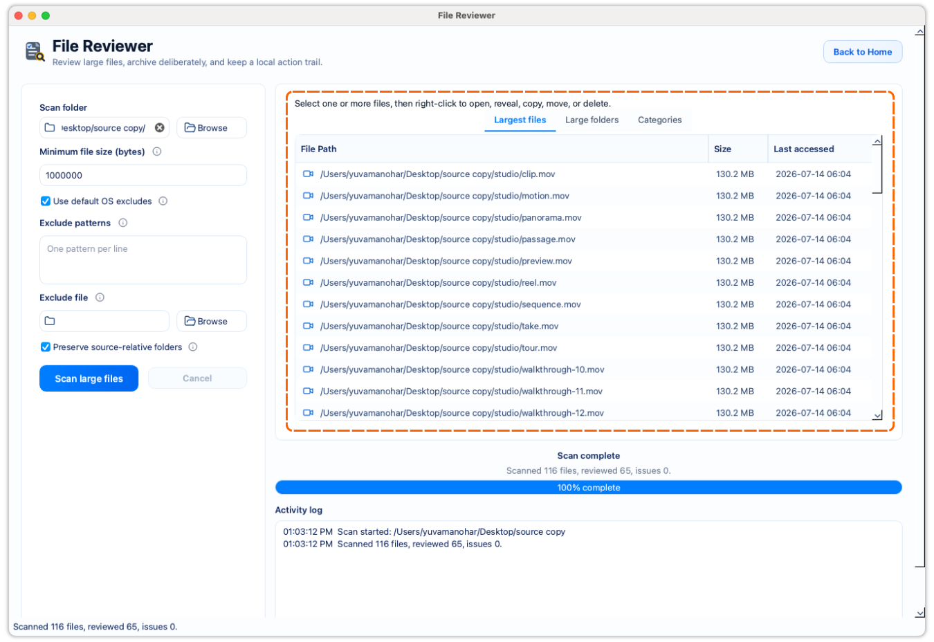 FileLever Large File Reviewer showing storage-heavy files ordered by size