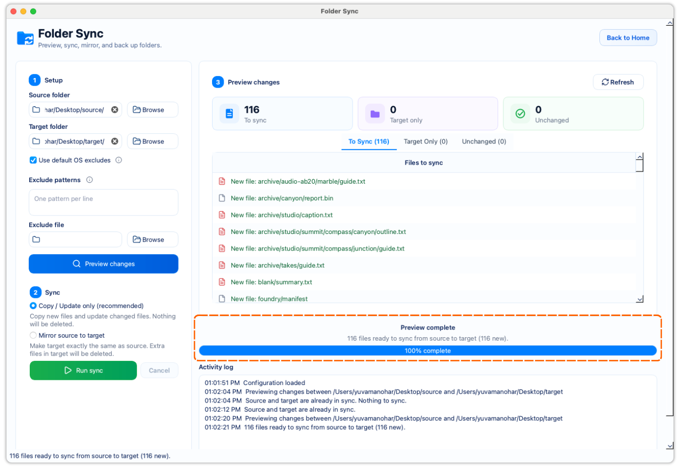 FileLever preview comparing a local folder and Dropbox folder before syncing