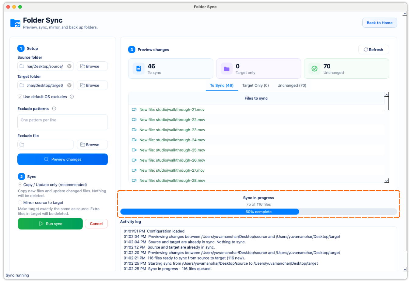 FileLever showing a folder sync from a Mac folder to an external-drive backup