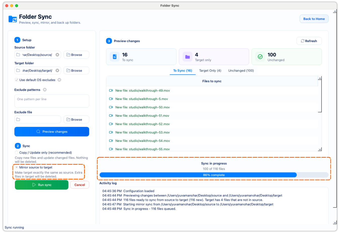FileLever showing a sync preview before choosing copy update or mirror